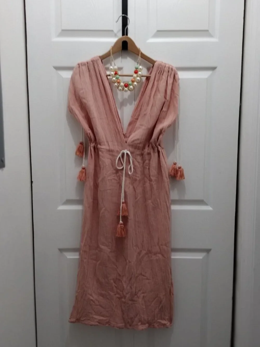Boho Beach Cover Up Dress Peach Coral Tassel Gauze Sleeveless Resort Maxi XL 1X - Picture 2 of 7